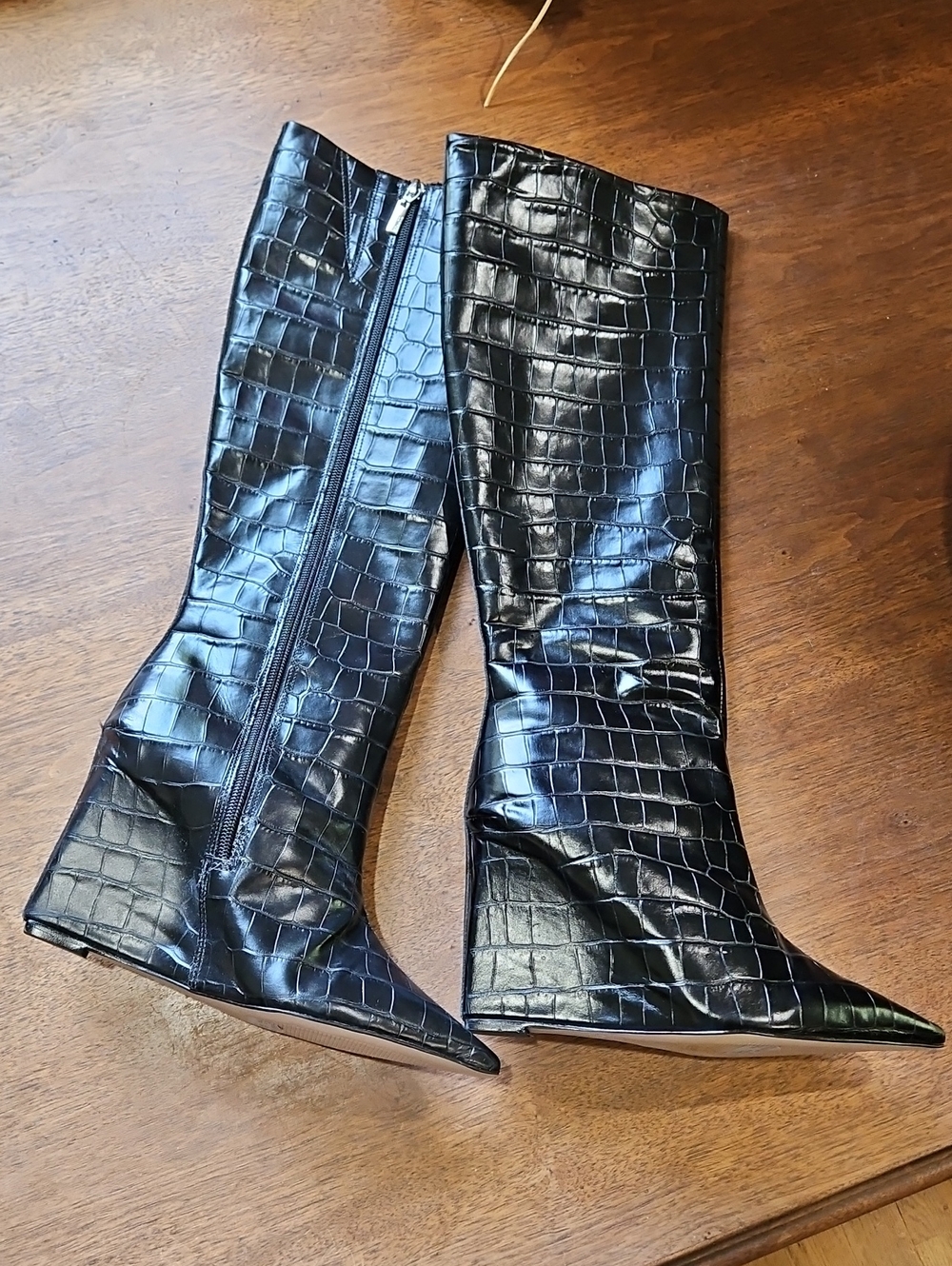 SCHUTZ Black Croc-Embossed Knee Wedge Boots